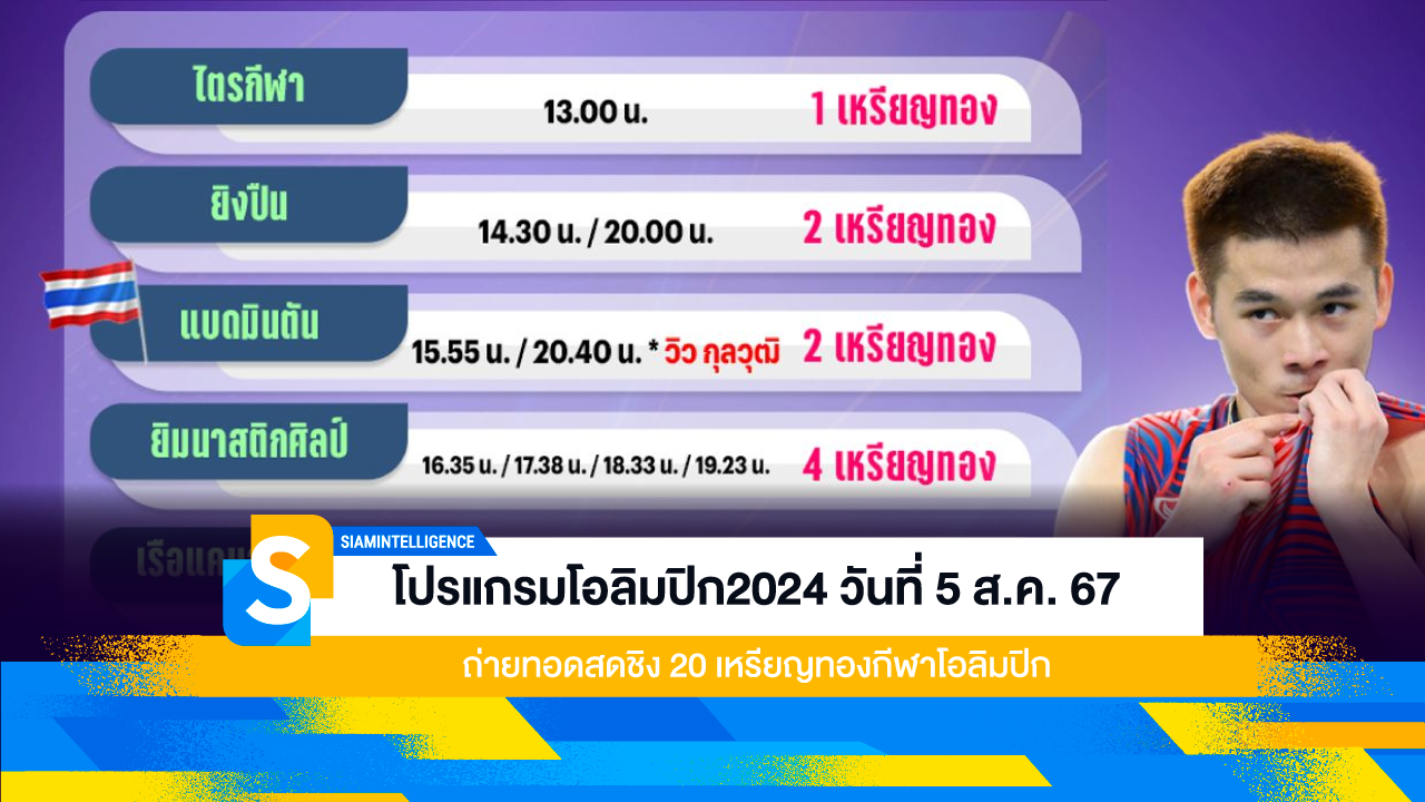 โปรแกรมโอลิมปิก2024 วันที่ 5 ส.ค. 67 ถ่ายทอดสดชิง 20 เหรียญทองกีฬาโอลิมปิก