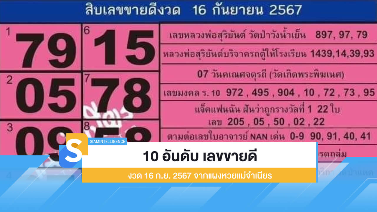 10 อันดับ เลขขายดี 16 ก.ย. 2567 จากแผงหวยแม่จำเนียร