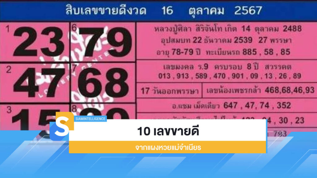 10 เลขขายดี จากแผงหวยแม่จำเนียร อัปเดตงวด 16/10/67