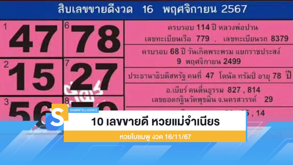 10 อันดับ เลขขายดี หวยแม่จำเนียร หวยใบชมพู งวด 16/11/67