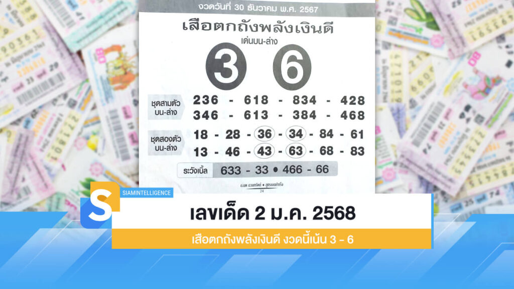 เลขเด็ด 2 ม.ค. 2568 เสือตกถังพลังเงินดี งวดนี้เน้น 3 - 6