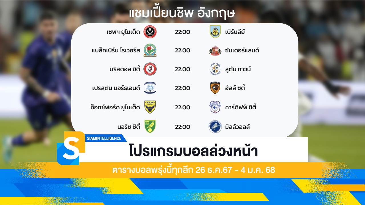 โปรแกรมบอลล่วงหน้า 7 วัน ตารางบอลพรุ่งนี้ทุกลีก 26 ธ.ค.67 - 4 ม.ค. 68