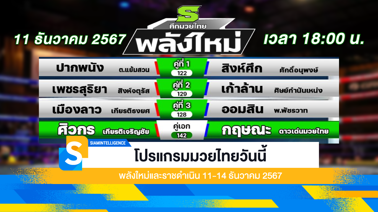 โปรแกรมมวยไทยวันนี้ พลังใหม่และราชดำเนิน 11-14 ธันวาคม 2567