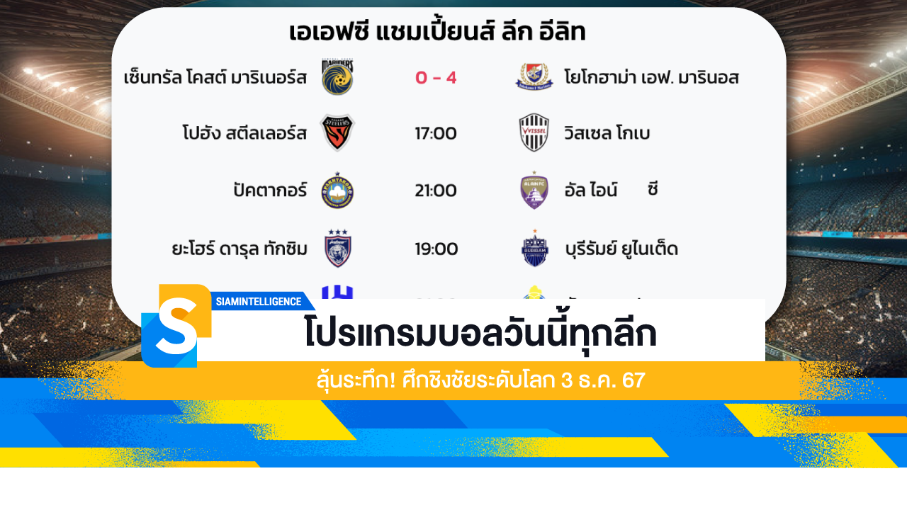 โปรแกรมบอลวันนี้ทุกลีก ลุ้นระทึก! ศึกชิงชัยระดับโลก 3 ธ.ค. 67