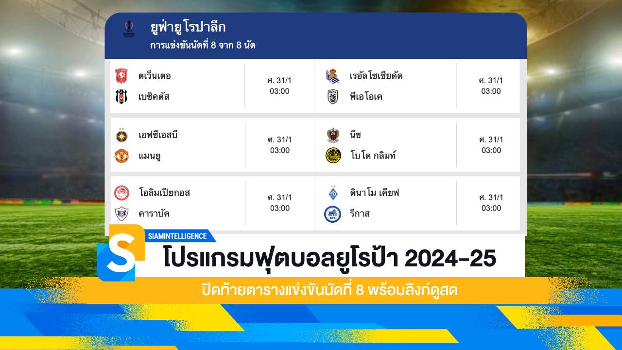 โปรแกรมฟุตบอลยูโรป้า 2024-25 ปิดท้ายตารางแข่งขันนัดที่ 8 พร้อมลิงก์ดูสด