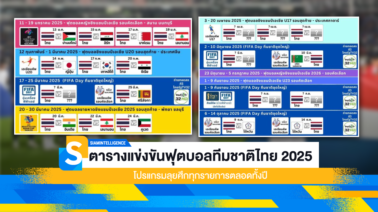 ตารางแข่งขันฟุตบอลทีมชาติไทย 2025 โปรแกรมลุยศึกทุกรายการตลอดทั้งปี