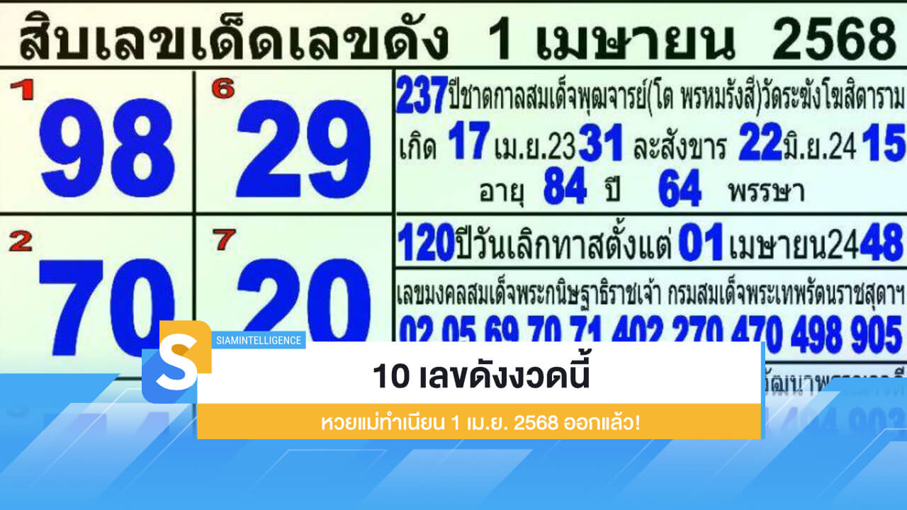 10 เลขดังงวดนี้ หวยแม่ทำเนียน 1 เม.ย. 2568 ออกแล้ว!