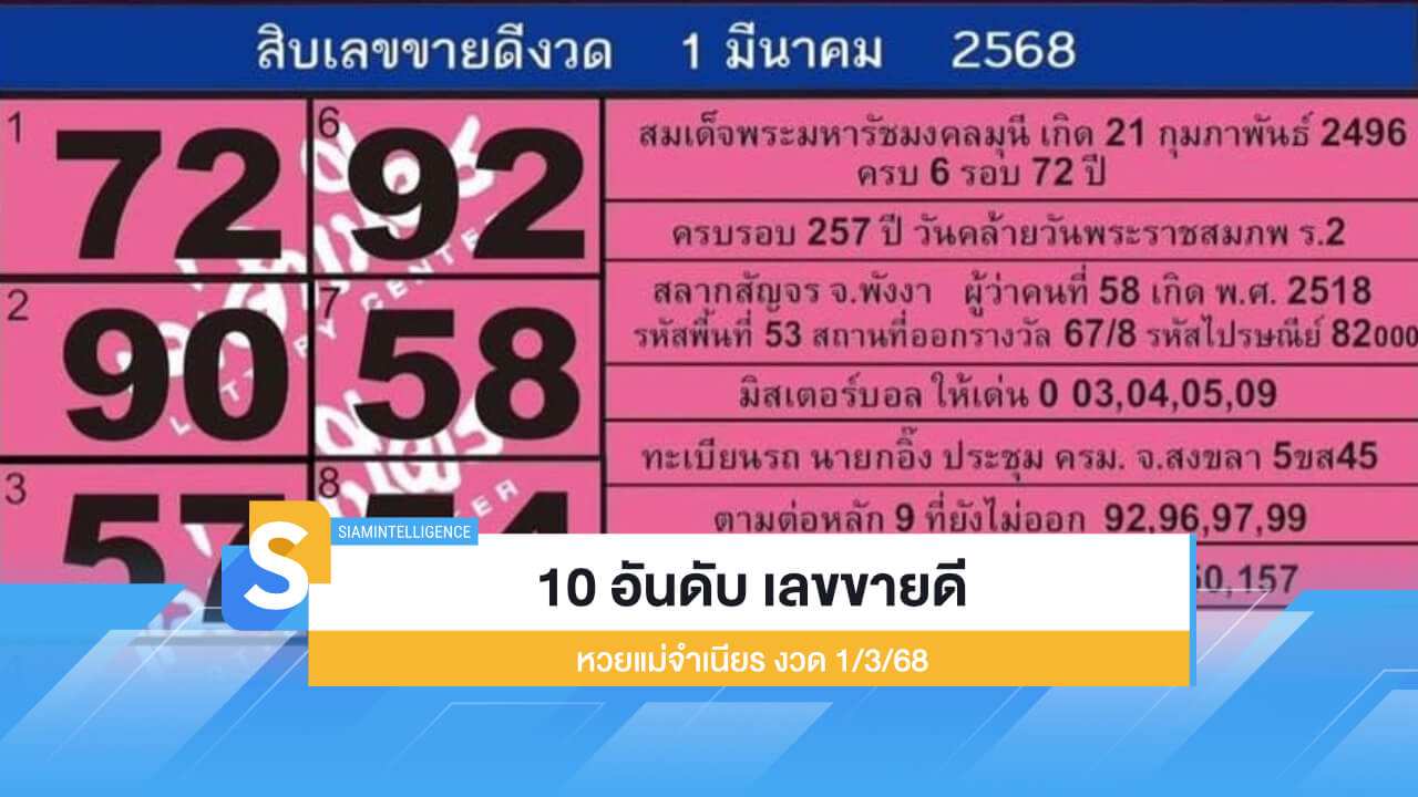 10 อันดับ เลขขายดี หวยแม่จำเนียร งวด 1/3/68 หวยใบชมพู