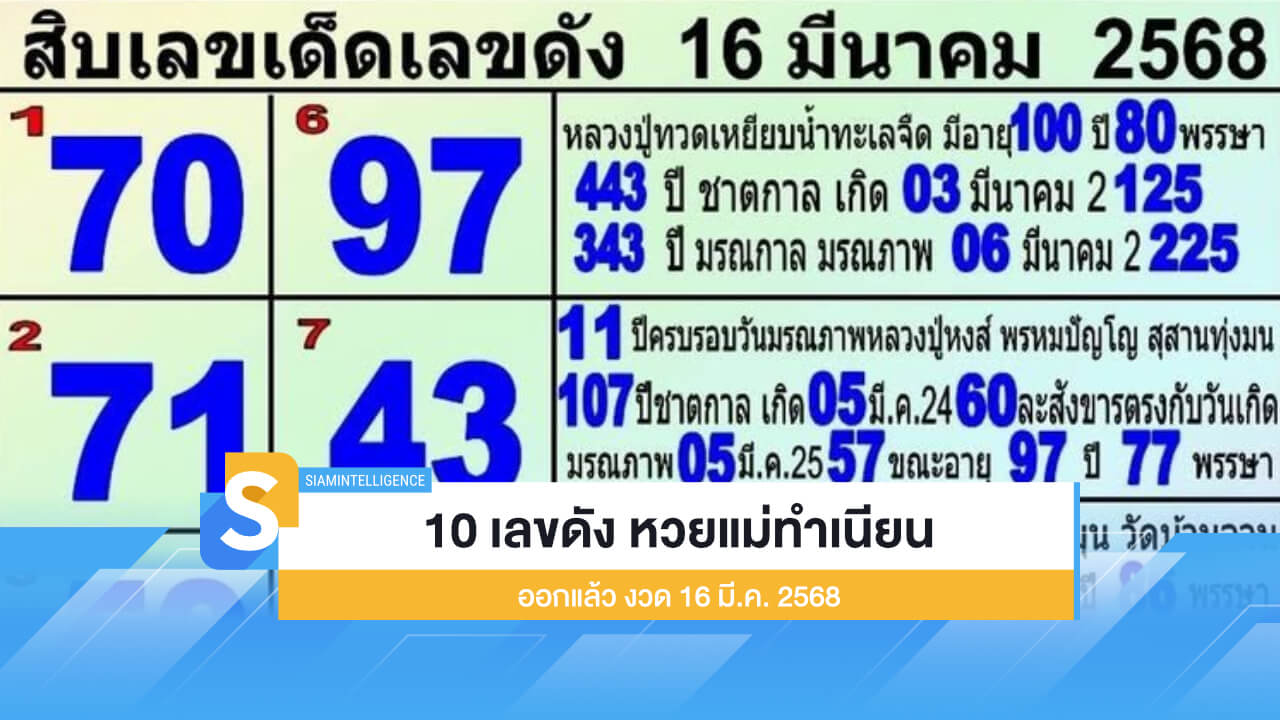 10 เลขดัง หวยแม่ทำเนียน ออกแล้ว งวด 16 มี.ค. 2568
