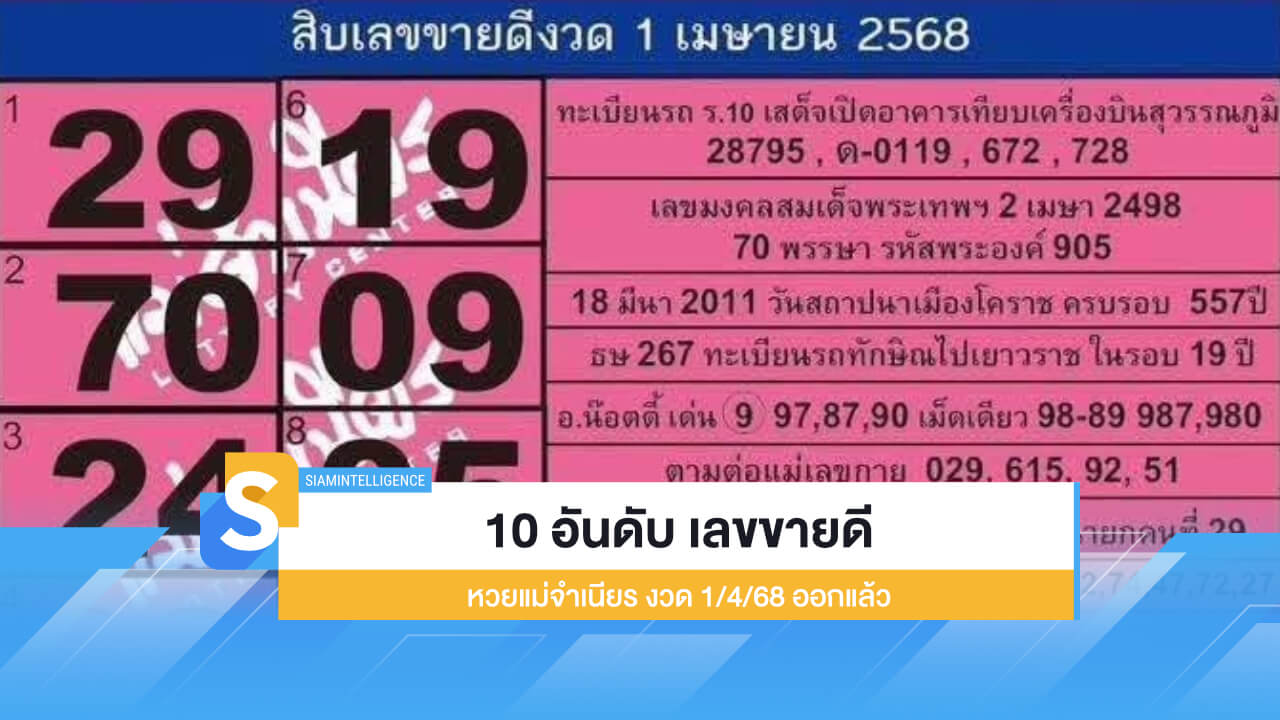 10 อันดับ เลขขายดี หวยแม่จำเนียร งวด 1/4/68 ออกแล้ว