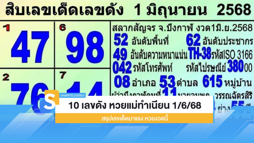10 เลขดัง หวยแม่ทำเนียน 1/6/68 สรุปเลขเด็ดมาแรง หวยงวดนี้