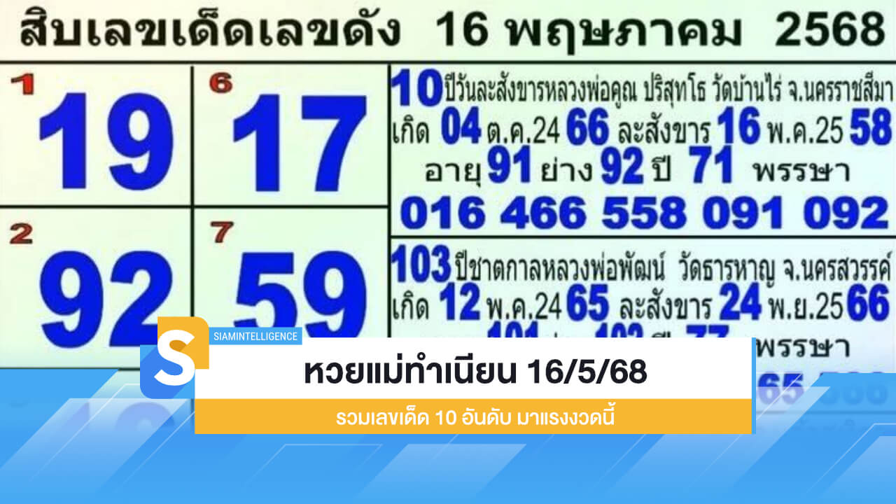 10 เลขดัง หวยแม่ทำเนียน 16/5/68 รวมเลขเด็ด มาแรงงวดนี้