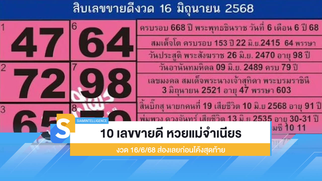 10 เลขขายดี หวยแม่จำเนียร 16/6/68 ส่องเลยก่อนโค้งสุดท้าย