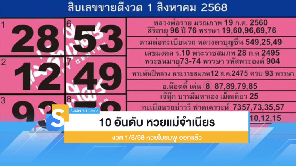 10 อันดับ เลขเด็ดหวยแม่จำเนียร 1/8/68 หวยใบชมพู ออกแล้ว