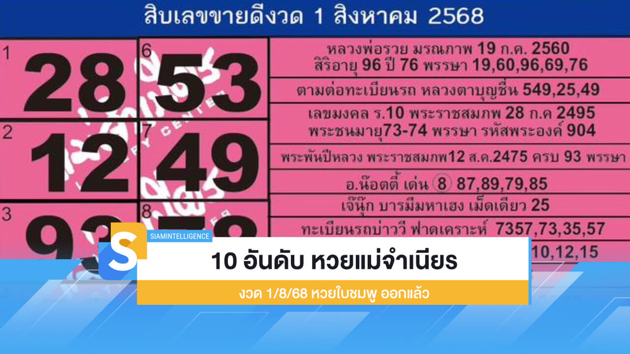 10 อันดับ เลขเด็ดหวยแม่จำเนียร 1/8/68 หวยใบชมพู ออกแล้ว