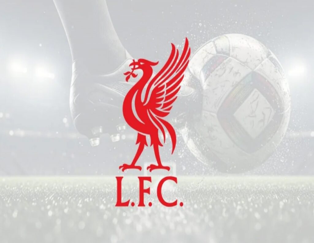 Liverpool FC logo with red liver bird and 'L.F.C.' text on a soccer field background with a ball in motion behind it.