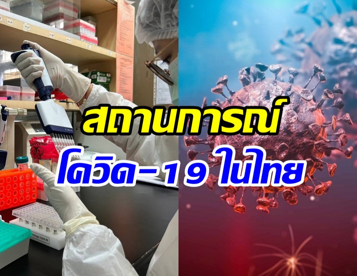 ซ้าย: นักวิจัยในชุด PPE กำลังใช้อุปกรณ์ pipette ในห้องแล็บ; ขวา: ภาพไวรัสโคโรนาและข้อความภาษาไทย "สถานการณ์ COVID-19 ในไทย"