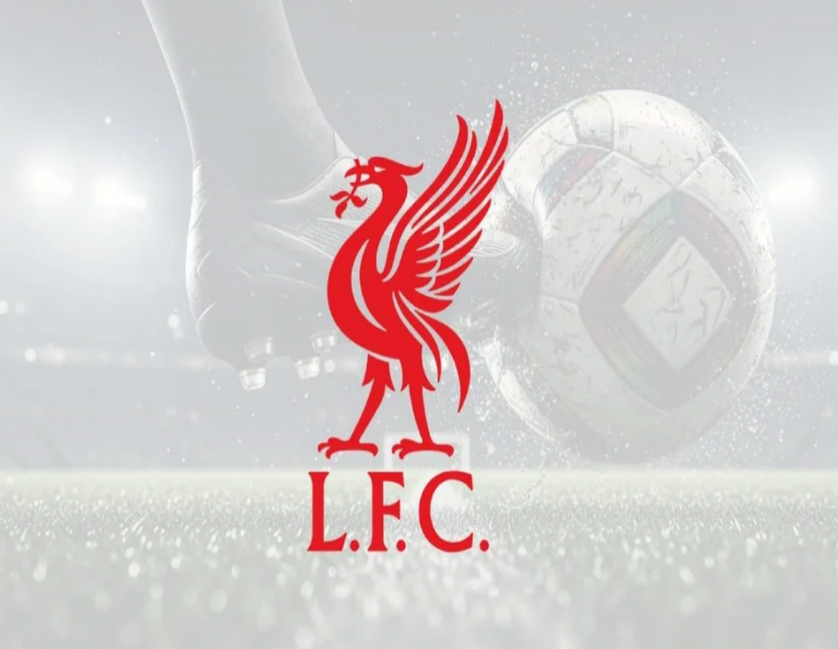 Liverpool FC branding: red Liver Bird crest with 'L.F.C.' beneath, set against a soccer ball and stadium glow in the background