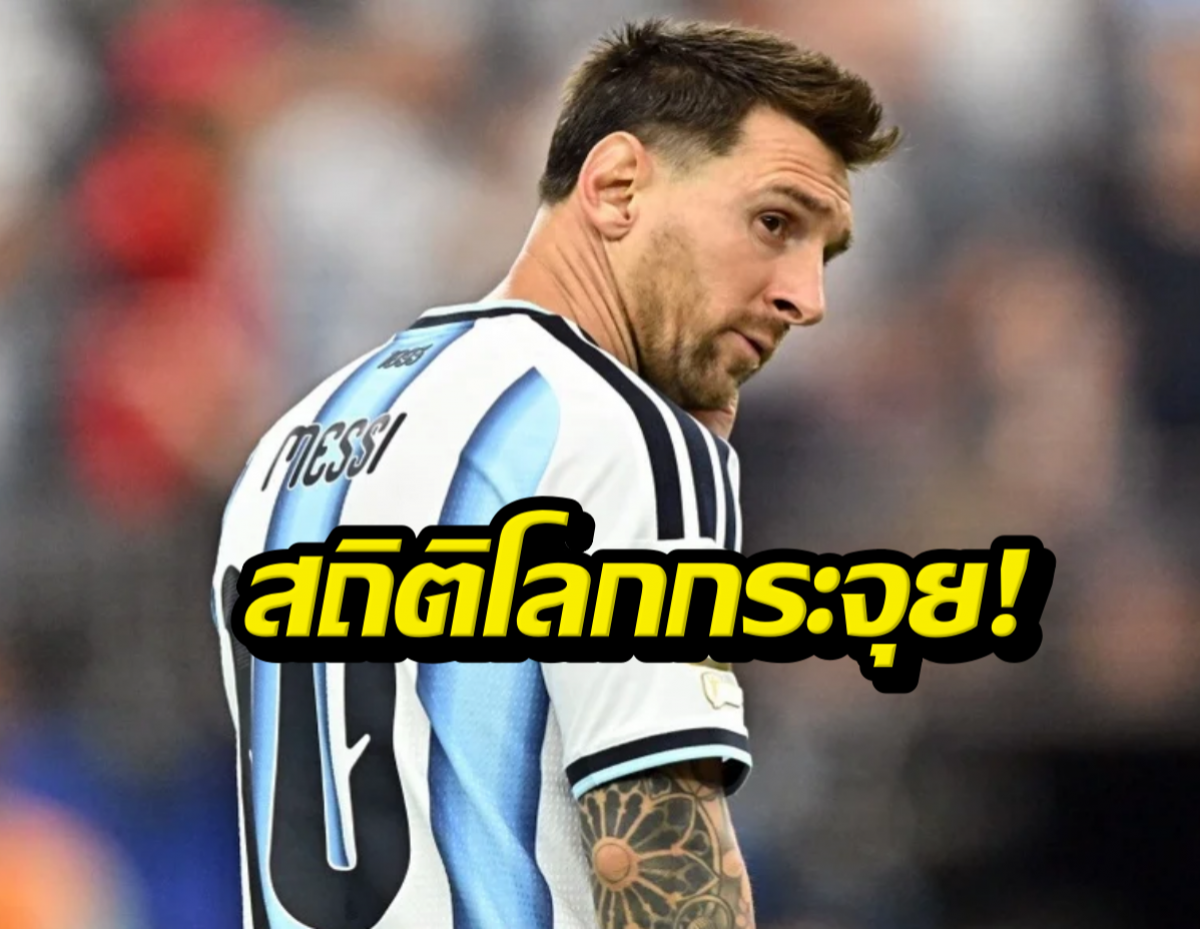 Photo of Lionel Messi in an Argentina jersey, looking over his shoulder with a bold Thai caption across the front.
