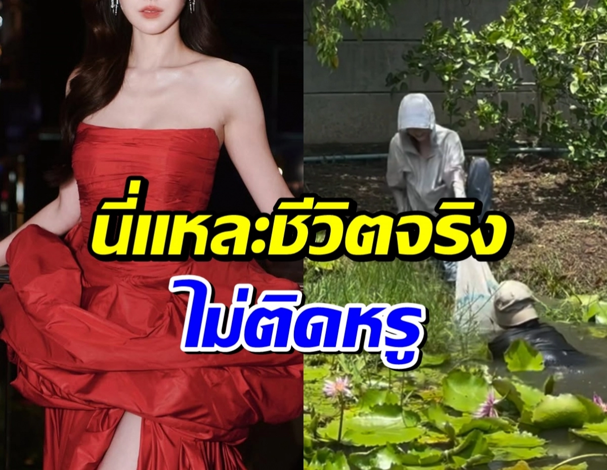 Split-image thumbnail: left shows a woman in a red strapless gown, right shows a person in a white hoodie kneeling by a pond with lily pads and bold Thai captions overlaying the scene.