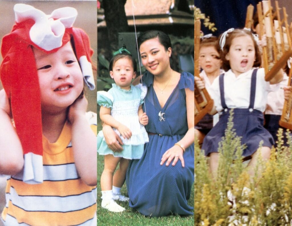 Three-panel collage: left a smiling toddler wearing a red hat, middle a mother with a young girl outdoors, right a girl riding a wooden carousel horse.