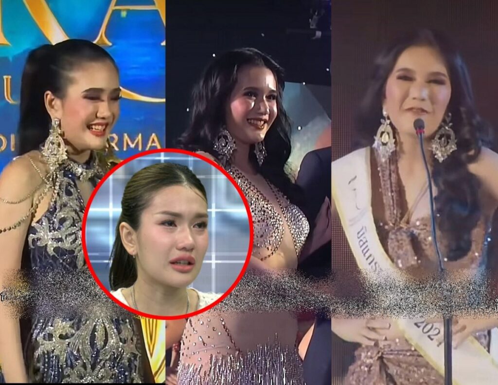 Circular inset of a teary young woman speaking in a TV studio, with pageant contestants in gowns visible in the background collage.