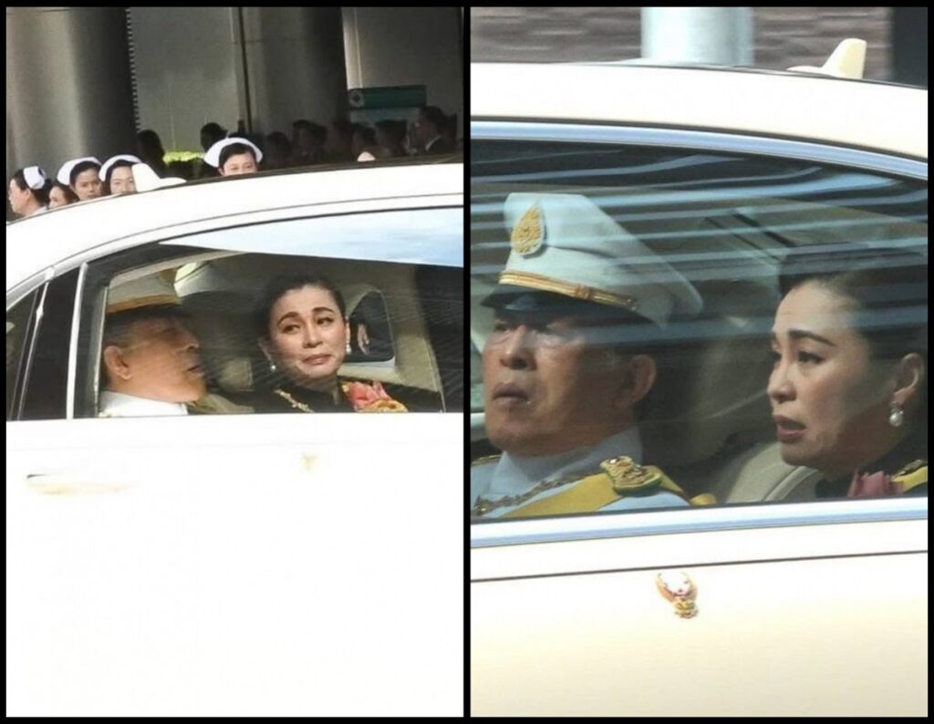 Two-panel image of a white luxury car with people in formal attire inside. Left panel shows a man in a light uniform driving and a woman in a floral outfit looking toward the camera; a group of people in white hats stands nearby in the background. Right panel shows a uniformed man wearing a white cap and a woman with earrings sitting in the back seat, looking forward.