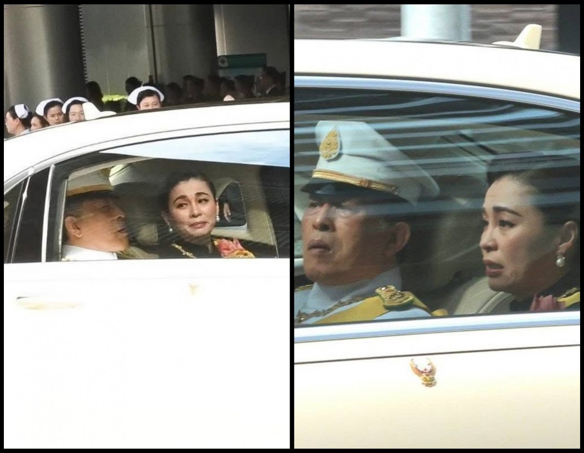 Two-panel image of a white luxury car with people in formal attire inside. Left panel shows a man in a light uniform driving and a woman in a floral outfit looking toward the camera; a group of people in white hats stands nearby in the background. Right panel shows a uniformed man wearing a white cap and a woman with earrings sitting in the back seat, looking forward.