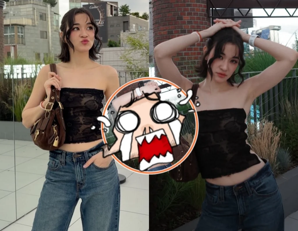 Two side-by-side photos of a young woman in a black lace strapless top and blue jeans with a brown handbag, posing outdoors; a cartoon sticker sits in the center of the collage.