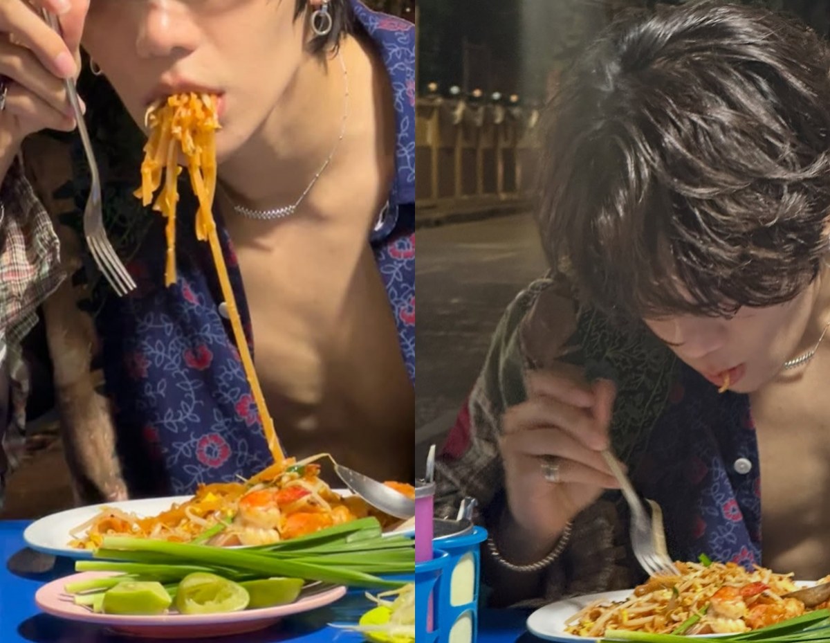 Split image of two young men eating noodles at a table; left person pulls long noodles to mouth, right person focuses on his bowl.