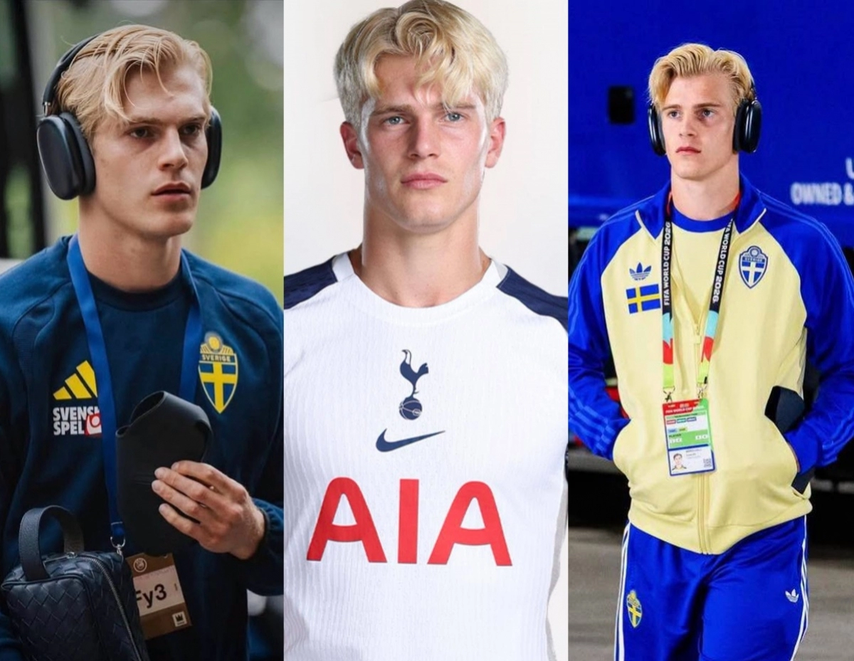 Triptych of a blond male athlete wearing over-ear headphones in three outfits: Sweden training gear, a white Tottenham jersey, and a Sweden tracksuit with a lanyard badge (front, center, right).