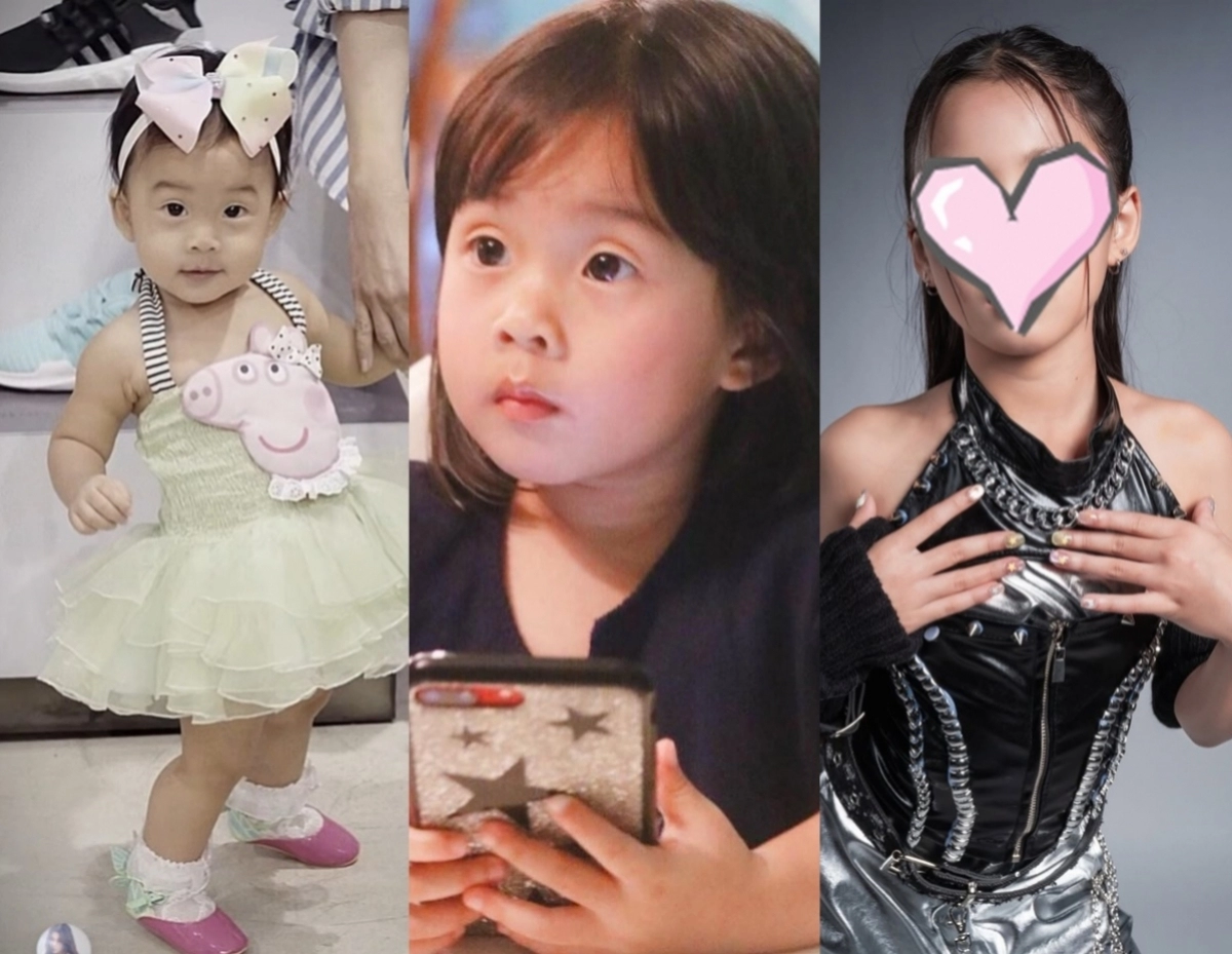 Left: toddler in a mint dress with a large bow, middle: young girl looking at a phone, right: person in a shiny outfit with a pink heart face cover