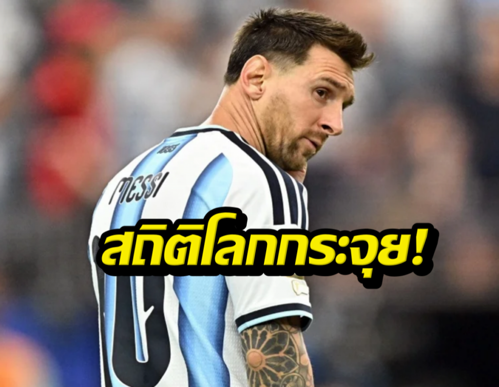 Photo of Lionel Messi in an Argentina jersey, looking over his shoulder with a bold Thai caption across the front.