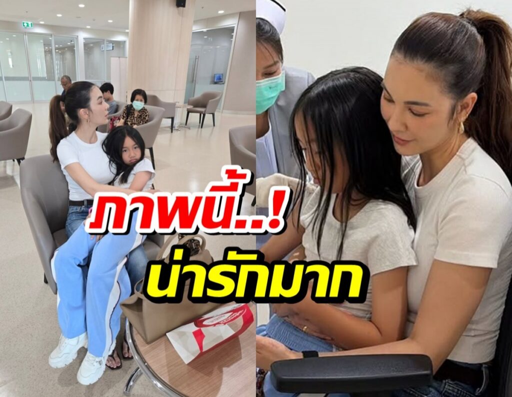 A collage showing a woman holding a young girl in a bright modern clinic lobby with other patients in the background, and a separate frame where a caregiver gently helps a girl with wet hair as a nurse observes.