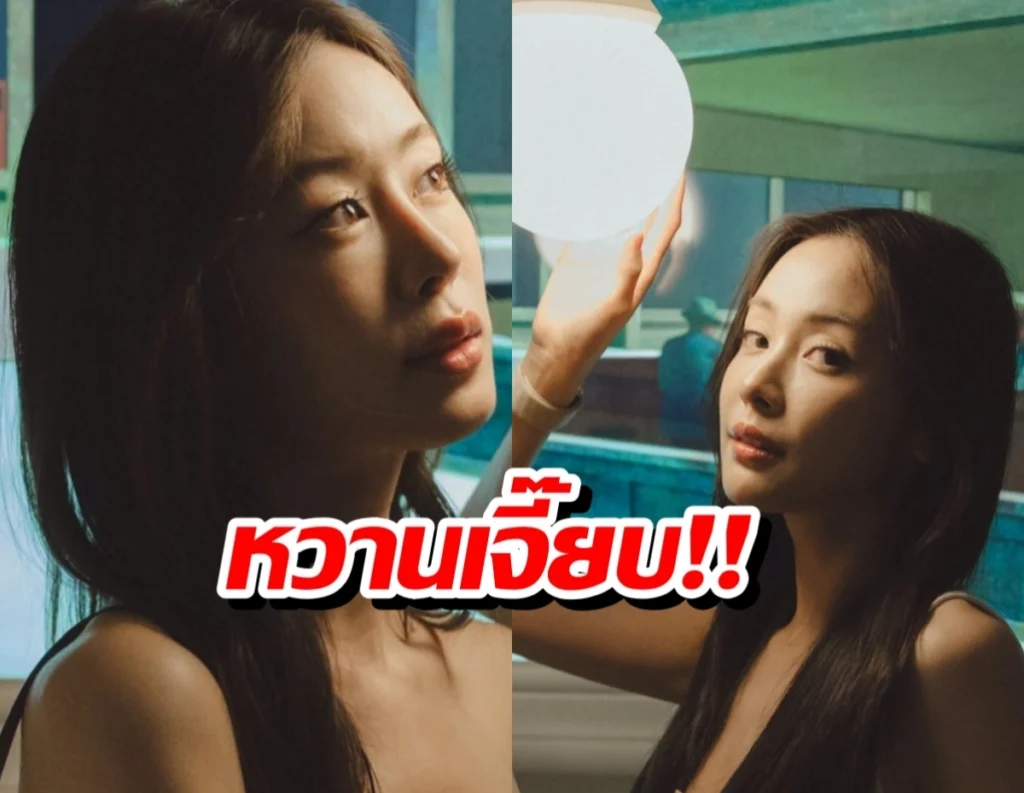 Two women with long dark hair in a split-frame photo, with a bold red Thai caption overlay across the bottom.