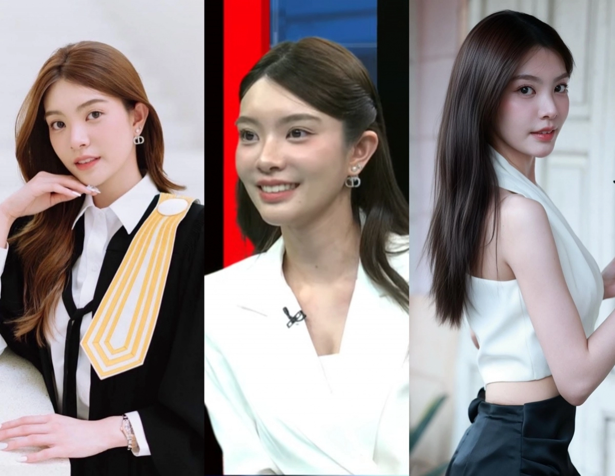 Triptych of three young women posing: left wearing a black blazer, white blouse, and striped neck accessory; middle in a white blazer with pearl earrings; right in a white sleeveless top and dark skirt, all facing slightly to the side.